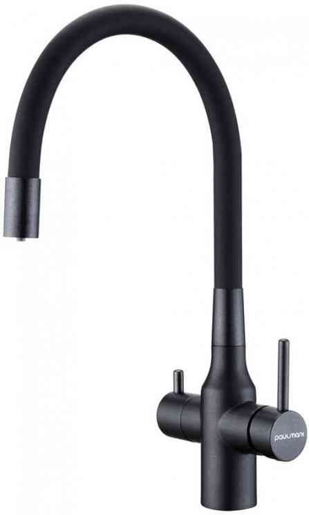 Paulmark SALIX, смеситель, брашированная сталь, черный шланг