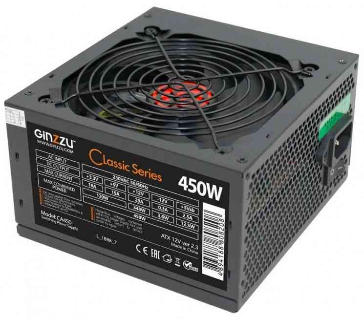 Блок питания GINZZU CA450, ATX v2.3, 450W, 120mm, 24+8pin, 3xSATA, 2xMolex, Black