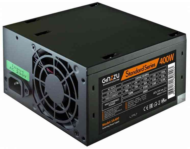 Блок питания GINZZU SA400 Standart Series, ATX v2.3, 400W, 80mm, 24+4pin, 2xSATA, 2xMolex, Black