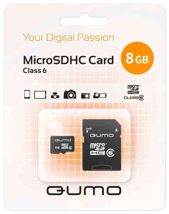 QUMO MicroSDHC 8Gb Class 6 + Адаптер RTL флеш карта