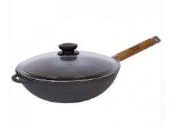 2Сковорода чугунная д260 с деревян ручкой и стеклянкрышкой Wok 1526С (2)