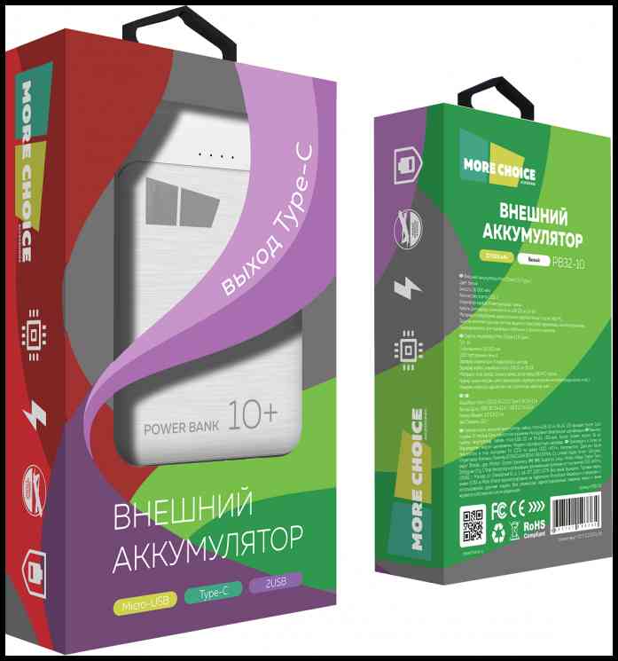Внешний аккумулятор More choice PB32-10, 10000mAh 2USB 2.1A (белый)