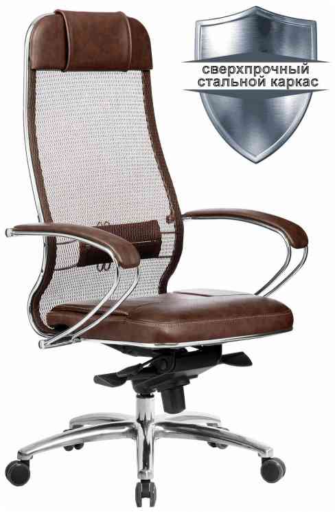 МЕТТА "SAMURAI" SL-1.04, сверхпрочная ткань-сетка/кожа, темно-коричневое кресло офисное