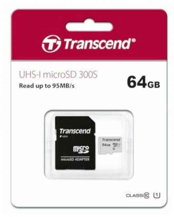 TRANSCEND MicroSDXC 64Gb 300S Class10, UHS-I Class 1 (U1), R95Mb/s, W25Mb/s, TS64GUSD300S-A, Ad, RTL
