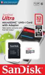 SANDISK MicroSDHC 32Gb Ultra, Class10 UHS-I 80Mb/s + Адаптер, RTL