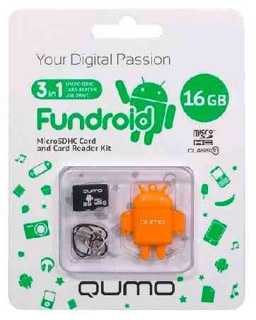 QUMO MicroSDHC 16Gb Class10 + USB Адаптер FUNDROID, Pink RTL