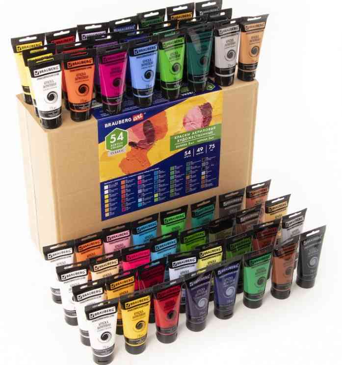 BRAUBERG ART CLASSIC Краски акриловые художественные НАБОР 54 шт, 49 цветов, в тубах 75 мл