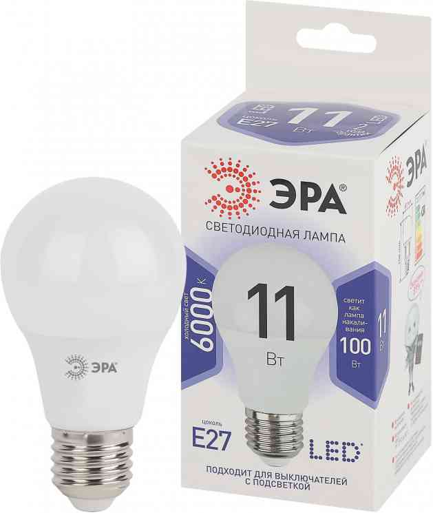 ЭРА STD LED A60-11W-860-E27 Лампочка светодиодная 11Вт груша холодный дневной свет