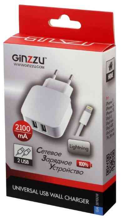 Сетевое з/у GINZZU GA-3010UW, 5В/2.1A, 2xUSB + кабель Lighting 8pin 1.0м (белый)