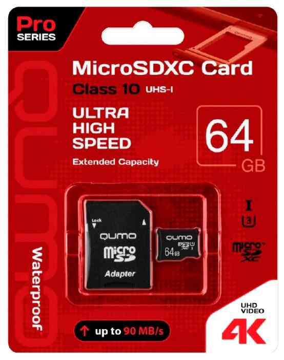 QUMO MicroSDXC 64Gb Class10 UHS-I (U3) Pro 90Mb/s + Адаптер, RTL
