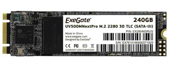 SSD M.2 2280 SATA3 EXEGATE UV500MNextPro, 240Gb, 3D TLC, EX280465RUS, R561Mb/s, W500Mb/s, 100TBW,