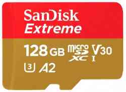 SANDISK MicroSDXC 128Gb Extreme, Class10 UHS-I U3 V30, R160MB/s / W90MB/s + Адаптер