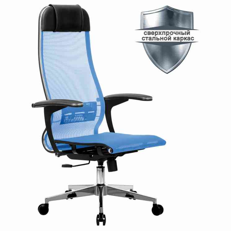 МЕТТА офисное МЕТТА "К-4-Т" хром, прочная сетка, сиденье и спинка регулируемые, голубое кресло