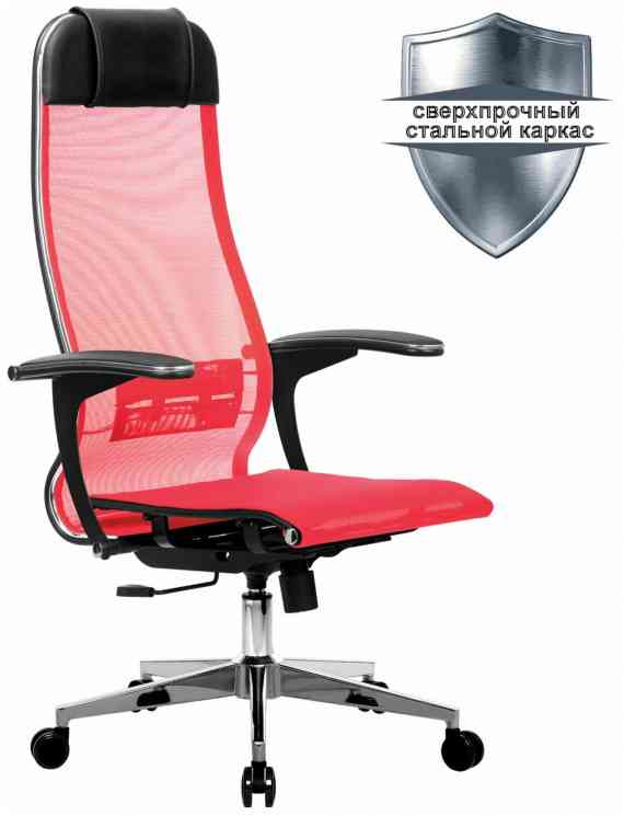 МЕТТА офисное МЕТТА "К-4-Т" хром, прочная сетка, сиденье и спинка регулируемые, красное кресло